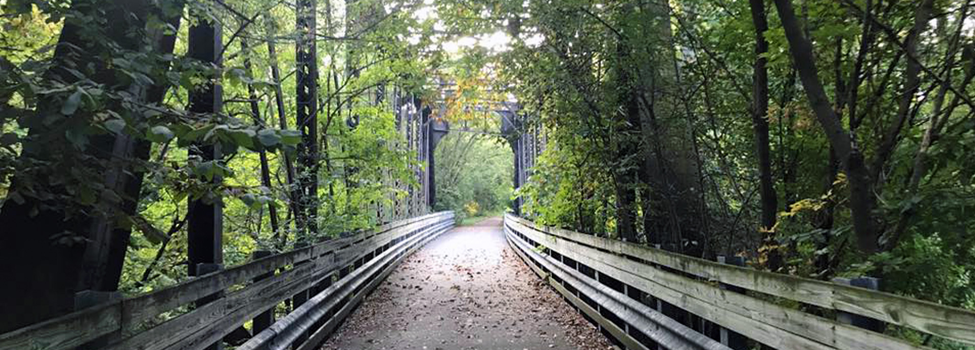Slideshow Image - An old train bridge on the B&O trail surrounded by lush trees
