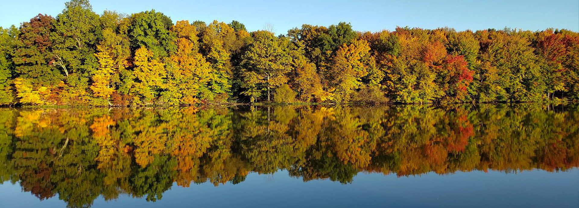 Slideshow Image - Trees in full fall color reflected in the Clear Fork Reservoir